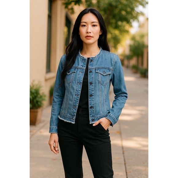 NIC+ZOE Chambray Stretch Fringe Denim Jacket Size small Distressed $168 Outdoor - Picture 1 of 8